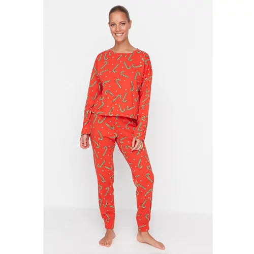 Trendyol Red Christmas Themed Printed Knitted Pajamas Set