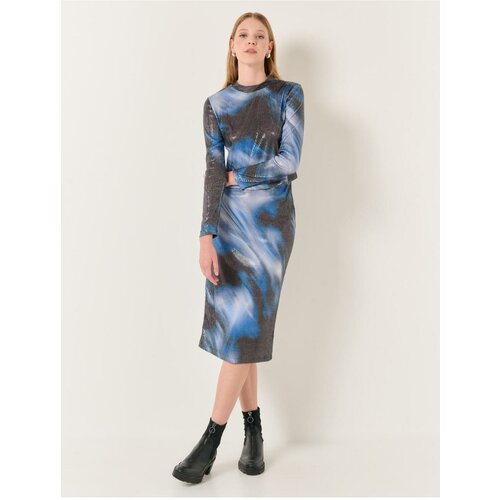 Jimmy Key Blue High Waist Sequined Stylish Midi Skirt Slike