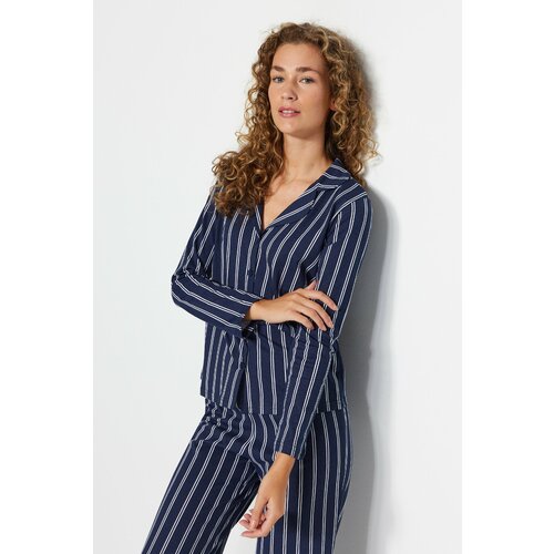 Trendyol Indigo 100% Cotton Striped Shirt-Pants Knitted Pajamas Set Cene