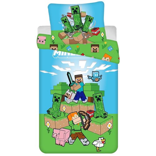 Jerry Fabrics Zelena/modra enojna bombažna otroška posteljnina 140x200 cm Minecraft "Outdoor Mobs" – Cene