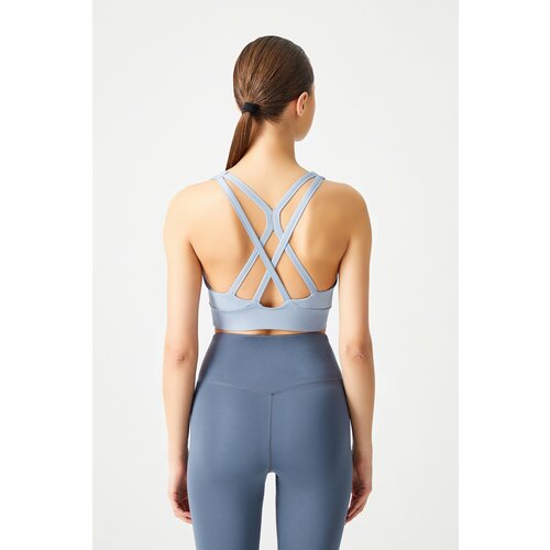 LOS OJOS Blue Gray Supported Back Detailed Covered Sports Bra Cene
