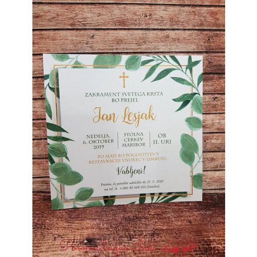  Vabilo za krst z unikatnim tiskom zelenja REK110 Cene