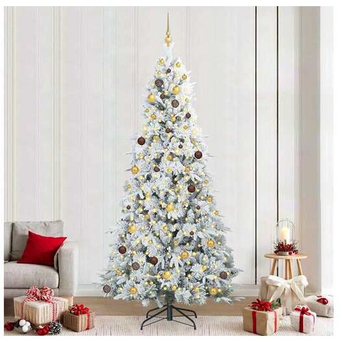 VidaXL Umjetno božićno drvce s nogom s stalakom Bijelo 240 cm PE i PVC - Zelena i bijela 240 cm s LED-ima i zlatnim/brončanim lopticama Slike