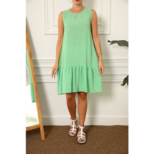 armonika Women's Light Green Linen Look Textured Sleeveless Frilly Skirt Dress Slike