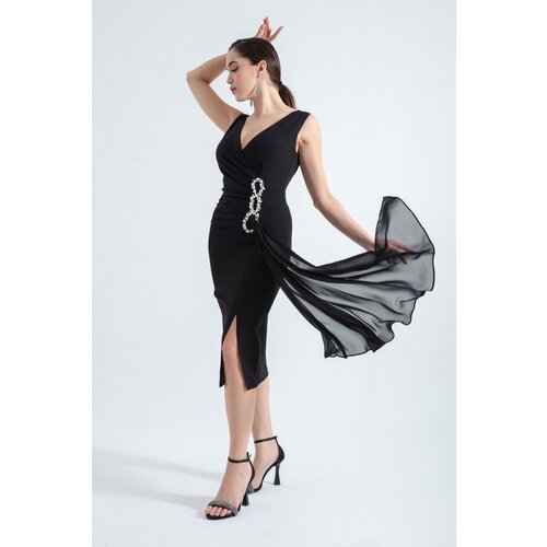 Lafaba women's black stone printed midi evening dress Slike