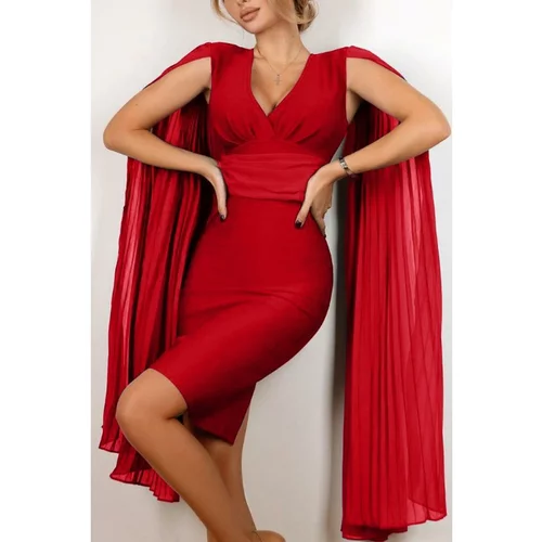 Fenzy elegantna mini obleka oprijetega kroja s plisiranimi rokavi marseila, rdeča