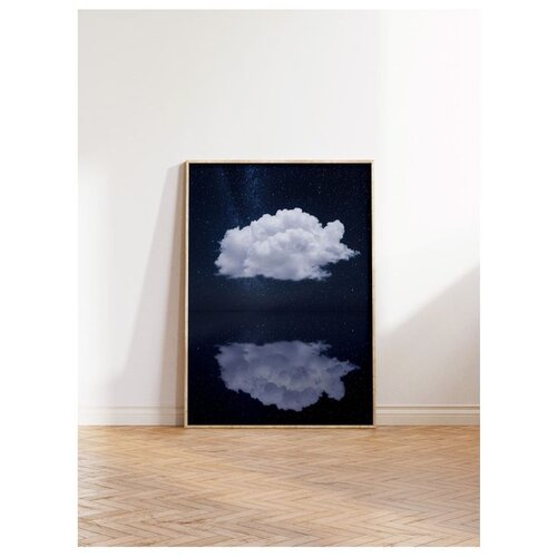 Wallxpert uramljena slika 115203, beli oblak i njegov odraz pod noćnim nebom, 50 x 70 cm, ram u boji prirodnog drveta Slike