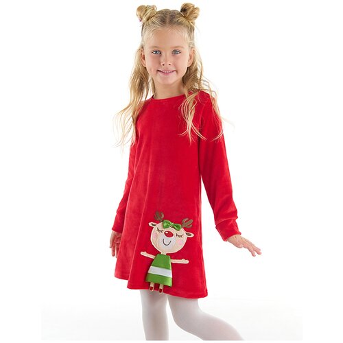 Denokids Naughty Deer Girl Christmas Velvet Red Dress Slike