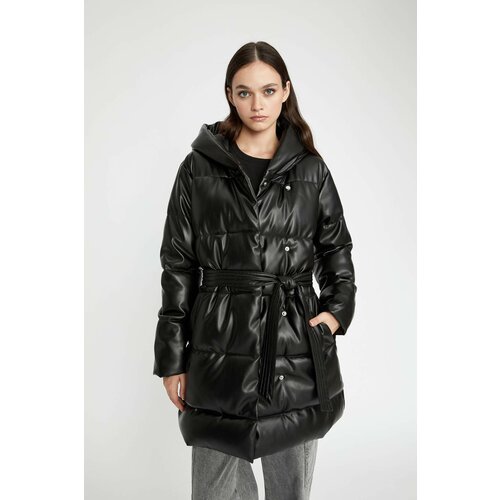 Defacto Waterproof Regular Fit Hooded Faux Leather Long Puffer Jacket Slike