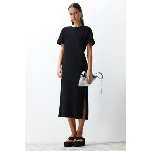 Trendyol Black 100% Cotton Slit Detailed Shift/Comfortable Cut Midi Knitted Midi Dress