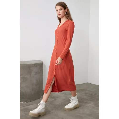 Trendyol Cinnamon Button Detailed Knitted Dress