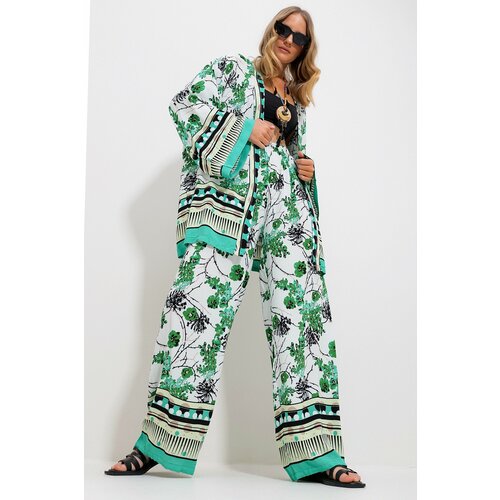 Trend Alaçatı Stili Women's Green-White Kimono Jacket And Palazzo Pants Suit Cene
