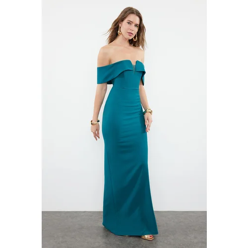 Trendyol Emerald Green Fitted Woven Long Evening Dress