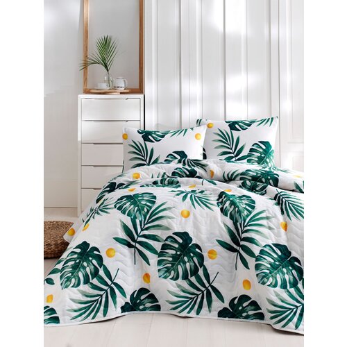 Kapitone monstera - green whitegreenyellow single bedspread set Cene