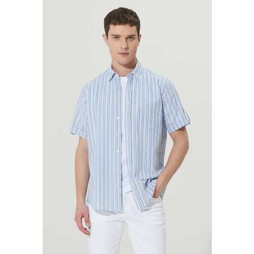 AC&Co / Altınyıldız Classics Men's White-blue Comfort Fit Comfy Cut. Hidden Button Collar Cotton Striped Shirt. Cene