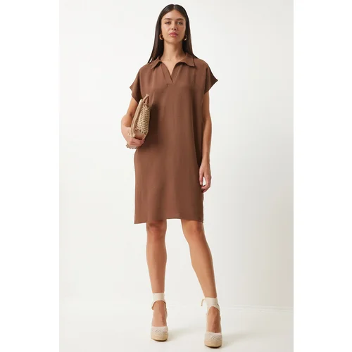 Happiness İstanbul Women's Brown Polo Neck Summer Loose Linen Ayrobin Dress