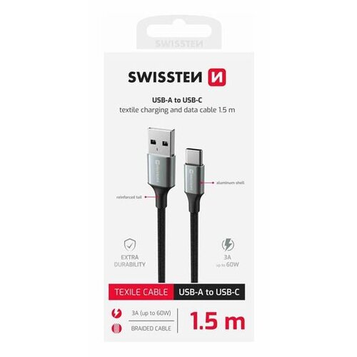 Swissten kabel USB/USB-C, TEXTILE II, 3A, 60W, 480 Mb/s, 1,5m crno-sivi Cijene