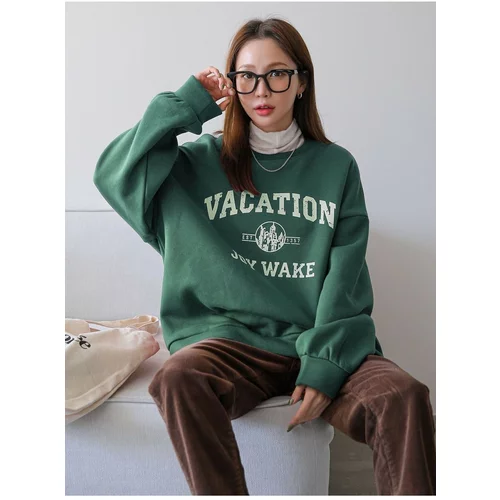 K&H TWENTY-ONE Women's Green Vacation Joy Wake Printed Oversize Crew Neck Sweatshirt
