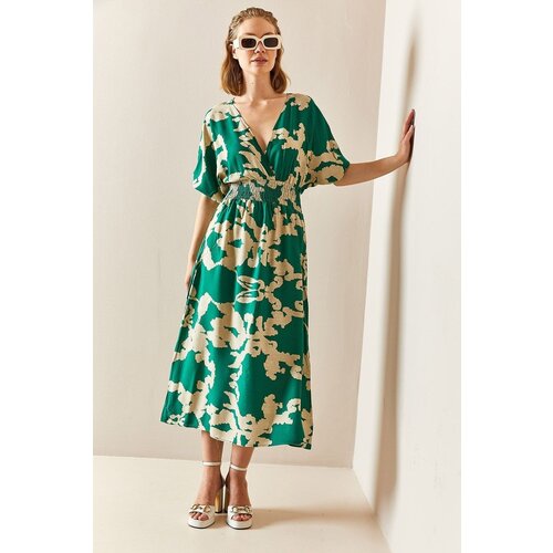 XHAN Green V-Neck Bat Sleeve Patterned Dress Slike