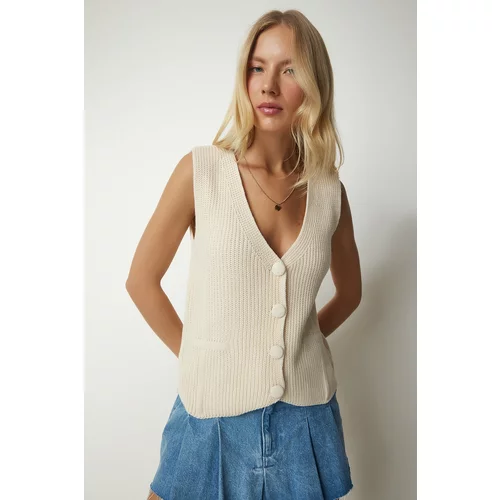 Happiness İstanbul Women's Cream Buttoned Knitwear Vest