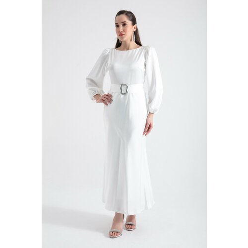 Lafaba Women's White Belted Midi Satin Evening Dress Slike