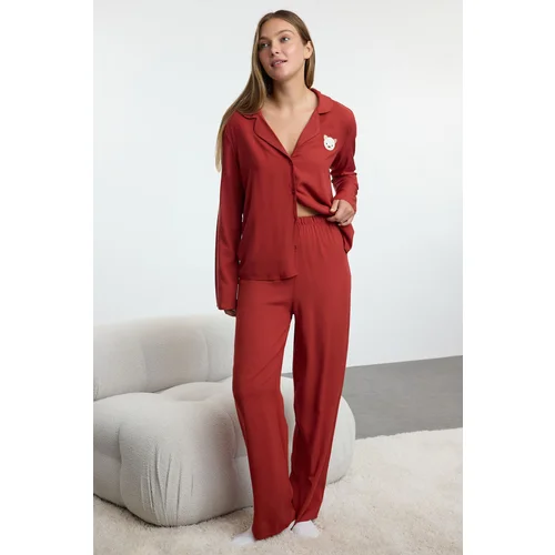 Trendyol Brick Teddy Bear Embroidered Viscose Woven Pajama Set