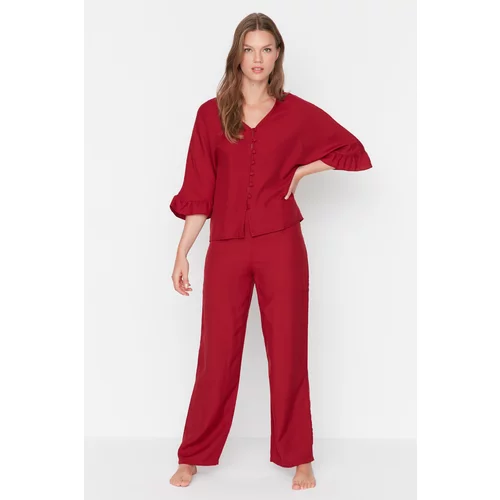 Trendyol Claret Red Ruffled Viscose Woven Pajamas Set