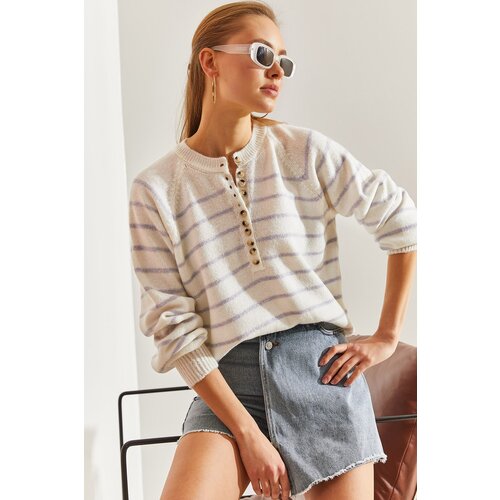 Bianco Lucci Women's Buttoned Collar Turtleneck Striped Knitwear Sweater Slike