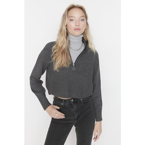 Trendyol Anthracite Crop Zipper Detailed Knitwear Sweater Slike