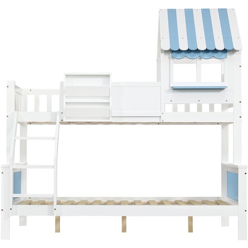 Lumor Postelja na dveh nadstropjih 90x200 cm + 120x200 cm - masivni les - z ograjami, v obliki strehe, bela + modra, (22156094) Cene