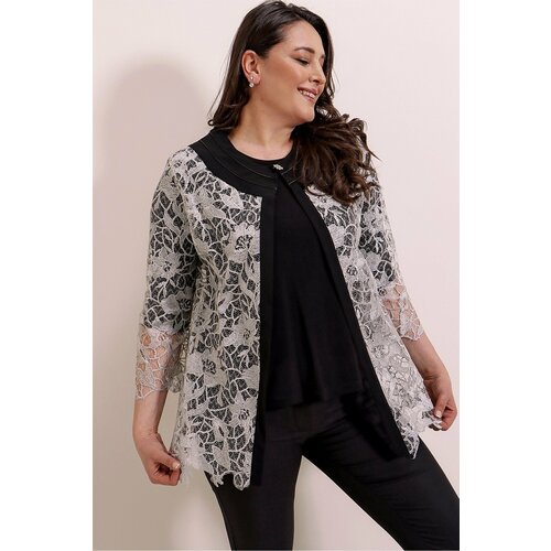 By Saygı lycra blouse with brooch lace jacket plus size 2 pack set gray Cene