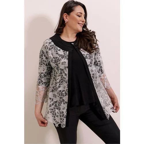 By Saygı Lycra Blouse with Brooch Lace Jacket Plus Size 2 Pack Set Gray