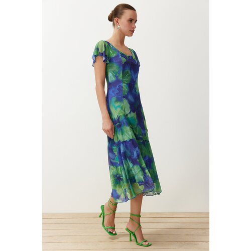 Trendyol Blue Floral Square Neck Midi A-Line/A-Line Form Knitted Midi Dress Cene