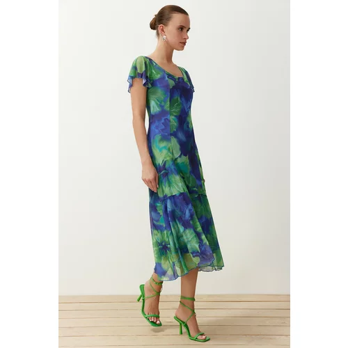 Trendyol Blue Floral Square Neck Midi A-Line/A-Line Form Knitted Midi Dress