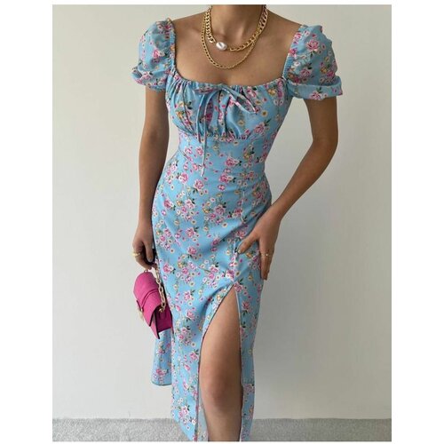 Laluvia Blue Floral Patterned Slit Dress Slike