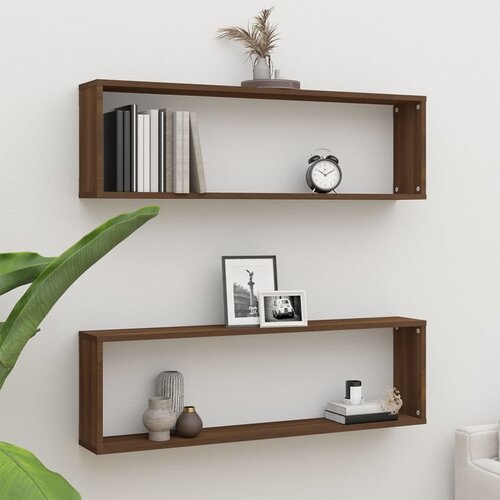VidaXL Stenske kockaste police 2 kosa rjav hrast 100x15x30 cm inž. les Slike