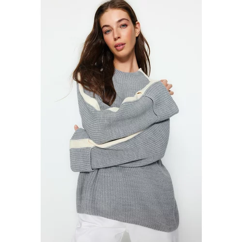 Trendyol Gray Wide Fit Knitwear with Fold Over Sleeves Sweater