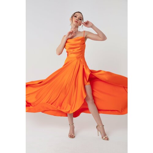 Lafaba Women's Orange Satin Evening &; Prom Dress with Ruffles and a Slit Slike