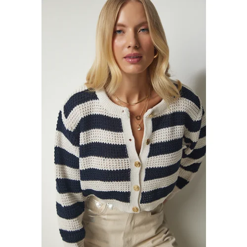  Women's Cream Navy Blue Metal Button Detailed Openwork Knitwear Crop Cardigan