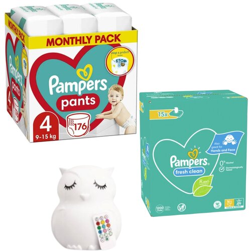 Pampers Pelene Pants 4, Monthly, 9-15kg, 176/1+ Vlažne maramice Fresh clean, 15x80 komada+Lumipets Noćna lampa Sova Slike