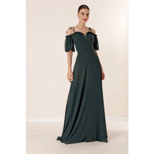 By Saygı Emerald Long Chiffon Dress with Pleated Collar and Balloon Sleeves