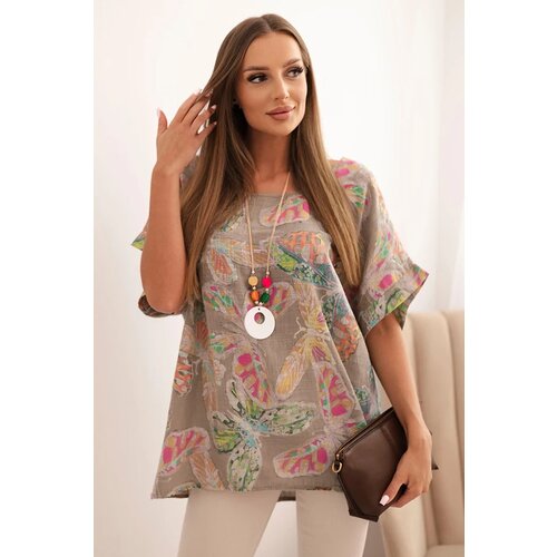 Kesi Włoski Women&amp;#039;s cotton blouse with butterfly motif with short sleeves fango Slike