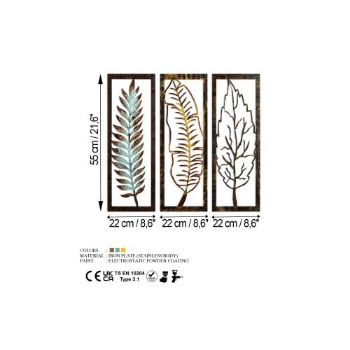 Wallxpert Set zidnih ukrasa Leaf 35, 55x22x1,5 cm, 1,5 mm, 3 komada, &amp;Scaron;areni Slike