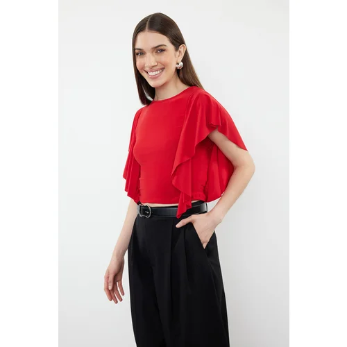 Trendyol Red Sleeves Ruffle Detailed Crew Neck Stretchy Knitted Blouse