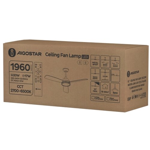  Aigostar-LED prigu&amp;scaron;iva stropni ventilator 20W/230V 2700-6500K 132cm + daljinski upravljač, bela/bež. Slike