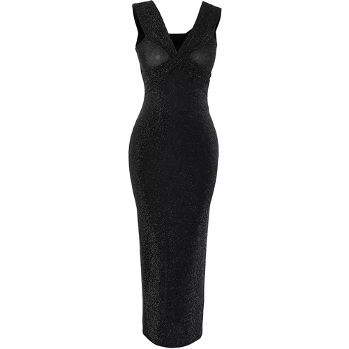 Trendyol Black-Grey Fitted Glittering Window/Cut Out Detailed Glitter Knitted Elegant Evening Dress