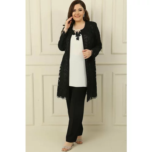 By Saygı Plus Size 3-piece Crepe Set with Beading and Guipure Lined Jacket, Blouse and Pants.