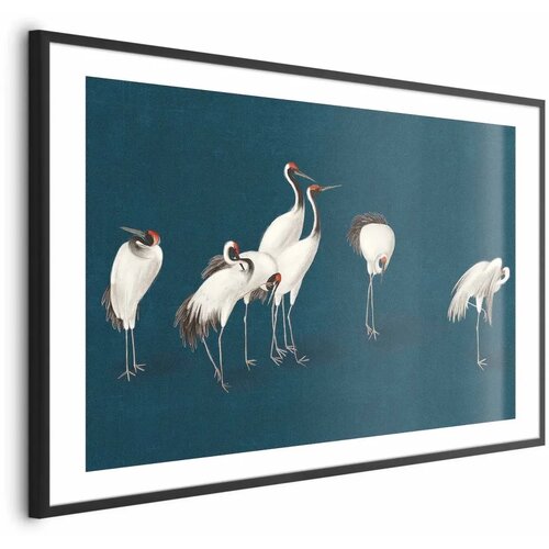  Plakat - Evening at the Pond - group of cranes drawn in dry pastel on a dark turquoise background 60x40 Crni okvir s margom Cijene