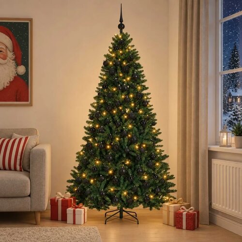  Umjetno božićno drvce s kuglicama tamnozeleno 240 cm - Tamnozelena &Oslash; 120 x 240 cm s 300 LED dioda i crnim lopticama Cijene