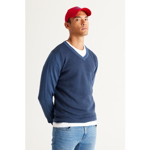 ALTINYILDIZ CLASSICS Men's Indigo-Navy Blue Standard Fit Regular Fit V Neck Knitwear Sweater Slike
